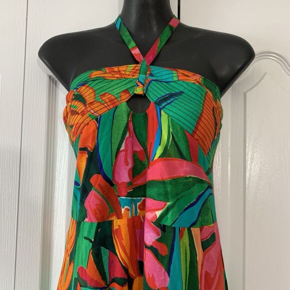 Farm Rio Anthropologie Cover-up Maxi Dress L Green Tassel Tropical Resort Beach - Picture 4 of 15